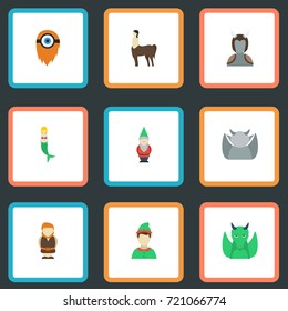 Flat Icons Fish Girl, Dinosaur, Evil And Other Vector Elements. Set Of Fantasy Flat Icons Symbols Also Includes Huge, Fish, Fire Objects.