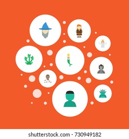 Flat Icons Fish Girl, Snake, Huge Man And Other Vector Elements. Set Of Character Flat Icons Symbols Also Includes Magician, Angel, Character Objects.