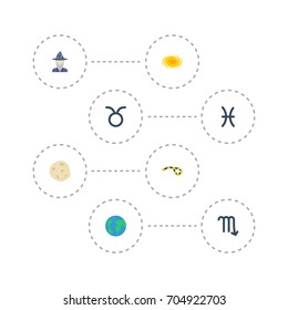 Flat Icons Fishes, Earth Planet, Space And Other Vector Elements. Set Of Astronomy Flat Icons Symbols Also Includes Taurus, Cosmos, Globe Objects.