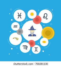 Flat Icons Fishes, Lion, Water Bearer And Other Vector Elements. Set Of Astronomy Flat Icons Symbols Also Includes Constellation, Human, Sunshine Objects.