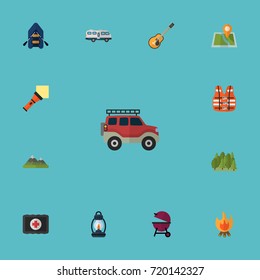 Flat Icons Fist Aid, Location, Fire And Other Vector Elements. Set Of Encampment Flat Icons Symbols Also Includes Pin, Life, Bbq Objects.