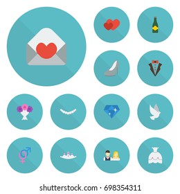 Flat Icons Fizz, Couple, Jewelry And Other Vector Elements. Set Of Engagement Flat Icons Symbols Also Includes Pearl, Flower, Shoes Objects.