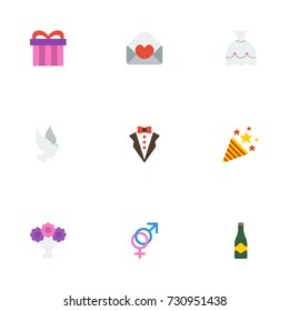 Flat Icons Fizz, Sparkler, Bridegroom Dress And Other Vector Elements. Set Of Ceremony Flat Icons Symbols Also Includes Bride, Surprise, Gown Objects.