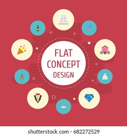 Flat Icons Fizz, Wedding Gown, Accessories And Other Vector Elements. Set Of Wedding Flat Icons Symbols Also Includes Gharry, Dress, Patisserie Objects.