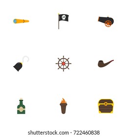 Flat Icons Flame, Telescope, Bottle And Other Vector Elements. Set Of Piracy Symbols Also Includes Artillery, Pipe, Drink Objects.