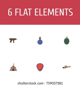 Flat Icons Flask, Tent, Gun And Other Vector Elements. Set Of Game Flat Icons Symbols Also Includes Sniper, Tent, Safe Objects.
