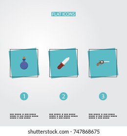 Flat Icons Flask, Weapon, Revolver And Other Vector Elements. Set Of Gaming Flat Icons Symbols Also Includes Knife, Potion, Weapon Objects.