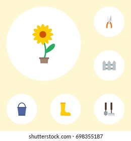 Flat Icons Flowerpot, Pruner, Tools And Other Vector Elements. Set Of Agriculture Flat Icons Symbols Also Includes Fence, Flower, Hedge Objects.