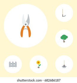 Flat Icons Flowerpot, Rake, Green Wood And Other Vector Elements. Set Of Gardening Flat Icons Symbols Also Includes Garden, Hedge, Scythe Objects.