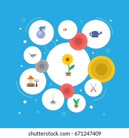 Flat Icons Flowerpot, Scissors, Rake And Other Vector Elements. Set Of Horticulture Flat Icons Symbols Also Includes Car, Saw, Harrow Objects.