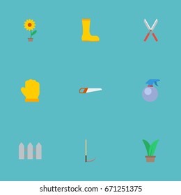 Flat Icons Flowerpot, Scissors, Spray Bottle And Other Vector Elements. Set Of Agriculture Flat Icons Symbols Also Includes Scythe, Hedge, Fencing Objects.