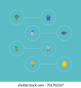 Flat Icons Flowerpot, Spray Bottle, Green Wood And Other Vector Elements. Set Of Agriculture Flat Icons Symbols Also Includes Gloves, Scissors, Can Objects.