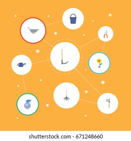 Flat Icons Flowerpot, Wheelbarrow, Watering Can And Other Vector Elements. Set Of Gardening Flat Icons Symbols Also Includes Secateurs, Car, Can Objects.