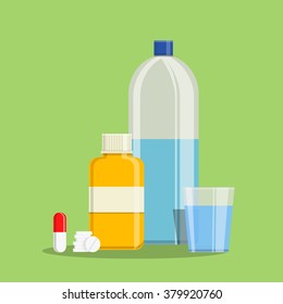 Flat icons for flu and cold treatment. Medical bottle. Bottle of water. Glass of water. First aid. Pills and capsule vector. Isolated vector set of medicament. Treatment isolated icons set. First aid