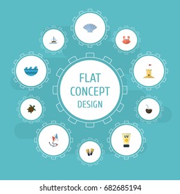 Flat Icons Fly, Cocos, Castle And Other Vector Elements. Set Of Summer Flat Icons Symbols Also Includes Toy, Coconut, Ship Objects.