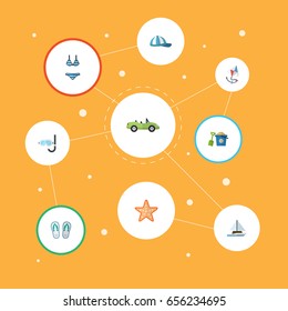 Flat Icons Fly, Sailboard, Sea Star And Other Vector Elements. Set Of Beach Flat Icons Symbols Also Includes Toy, Hat, Ship Objects.