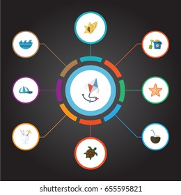 Flat Icons Fly, Sea, Drink And Other Vector Elements. Set Of Summer Flat Icons Symbols Also Includes Tortoise, Turtle, Sand Objects.
