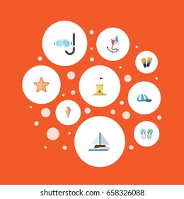 Flat Icons Fly, Sea Star, Castle And Other Vector Elements. Set Of Beach Flat Icons Symbols Also Includes Yacht, Castle, Flop Objects.