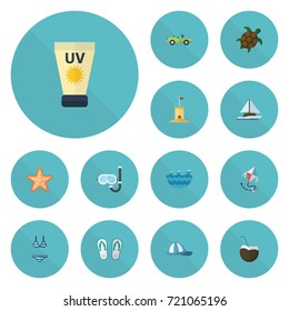 Flat Icons Fly, Slippers, Anti-Sun Cream And Other Vector Elements. Set Of Beach Flat Icons Symbols Also Includes Slippers, Underwear, Coupe Objects.