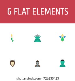 Flat Icons Flying, Goblin, Fish Girl And Other Vector Elements. Set Of Fantasy Flat Icons Symbols Also Includes Character, Avatar, Goblin Objects.