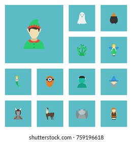 Flat Icons Flying, Hell, Wizard And Other Vector Elements. Set Of Cartoon Flat Icons Symbols Also Includes Centaur, Huge, Character Objects.
