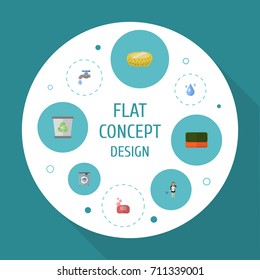 Flat Icons Foam, Aqua, Sponge And Other Vector Elements. Set Of Cleaning Flat Icons Symbols Also Includes Drop, Woman.