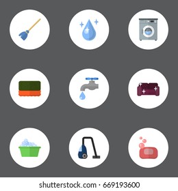 Flat Icons Foam, Besom, Faucet And Other Vector Elements. Set Of Hygiene Flat Icons Symbols Also Includes Besom, Washcloth, Cleaner Objects.