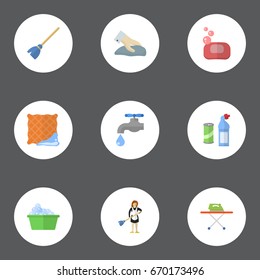 Flat Icons Foam, Besom, Laundry And Other Vector Elements. Set Of Cleaning Flat Icons Symbols Also Includes Laundry, Whisk, Towel Objects.