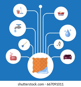 Flat Icons Foam, Clothes Washing, Aqua And Other Vector Elements. Set Of Hygiene Flat Icons Symbols Also Includes Hygiene, Foam, Cloth Objects.