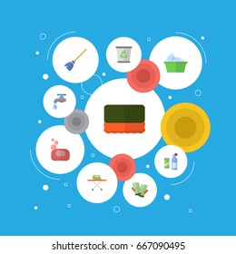 Flat Icons Foam, Garbage Container, Laundry And Other Vector Elements. Set Of Cleaning Flat Icons Symbols Also Includes Soap, Junk, Faucet Objects.