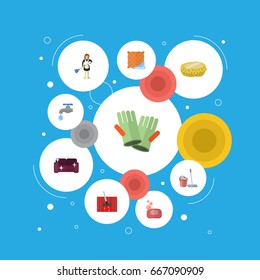 Flat Icons Foam, Housewife, Sponge And Other Vector Elements. Set Of Hygiene Flat Icons Symbols Also Includes Besom, Mopping, Hygiene Objects.