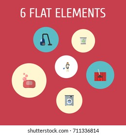 Flat Icons Foam, Laundromat, Sweeper And Other Vector Elements. Set Of Hygiene Flat Icons Symbols Also Includes Foam, Washing, Cleaner Objects.