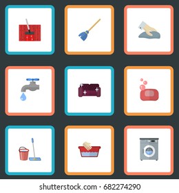 Flat Icons Foam, Sofa, Besom And Other Vector Elements. Set Of Hygiene Flat Icons Symbols Also Includes Mopping, Machine, Whisk Objects.
