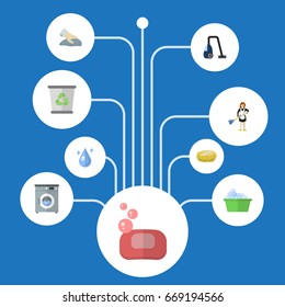 Flat Icons Foam, Sponge, Aqua And Other Vector Elements. Set Of Cleaning Flat Icons Symbols Also Includes Wiping, Sweeper, Trash Objects.