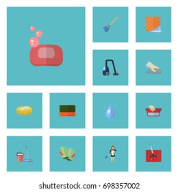 Flat Icons Foam, Sweeper, Sponge And Other Vector Elements. Set Of Cleaning Flat Icons Symbols Also Includes Whisk, Vacuum, Wisp Objects.