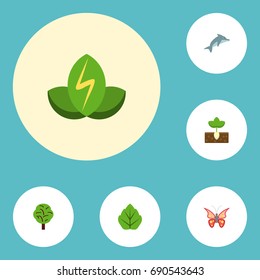 Flat Icons Foliage, Eco Energy, Wood And Other Vector Elements. Set Of Green Flat Icons Symbols Also Includes Wood, Leaf, Moth Objects.