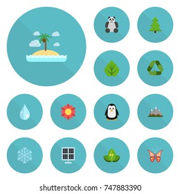 Flat Icons Foliage, Emperor, Tree And Other Vector Elements. Set Of Environment Flat Icons Symbols Also Includes Monarch, Snow, Bear Objects.