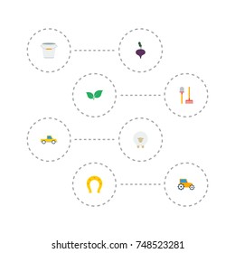Flat Icons Foliage, Rake, Bucket And Other Vector Elements. Set Of Harvest Flat Icons Symbols Also Includes Farm, Talisman, Truck Objects.