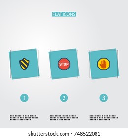 Flat Icons Forbidden, Road Sign, Shield And Other Vector Elements. Set Of Safety Flat Icons Symbols Also Includes Road, Shield, Hand Objects.