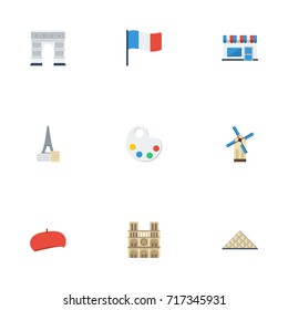 Flat Icons French, Flag, Archway And Other Vector Elements. Set Of Country Flat Icons Symbols Also Includes Restaurant, Country, Moulin Objects.
