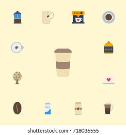Flat Icons French Press, Cappuccino, Arabica Bean And Other Vector Elements. Set Of Coffee Flat Icons Symbols Also Includes Capsule, Sugar, Cup Objects.