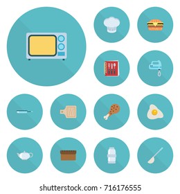 Flat Icons Fried Poultry, Fast Food, Soup Spoon And Other Vector Elements. Set Of Cooking Flat Icons Symbols Also Includes Beater, Stove, Breadboard Objects.