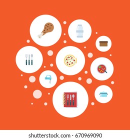 Flat Icons Fried Poultry, Pepperoni, Casserole And Other Vector Elements. Set Of Gastronomy Flat Icons Symbols Also Includes Beater, Saltshaker, Bowl Objects.