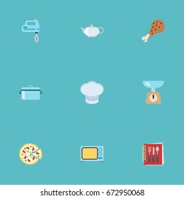 Flat Icons Fried Poultry, Teapot, Pepperoni And Other Vector Elements. Set Of Food Flat Icons Symbols Also Includes Mixer, Beater, Blender Objects.