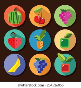 Flat icons fruit falling shadow.Flat fruit icons.Berries. Round Icons