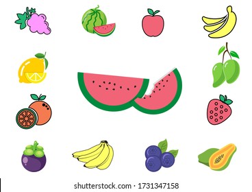flat icons for fruits set, mangosteen, mango, watermelon, orange, strawberry, blueberry, apple, banana, grape, papaya, lemon.vector illustrations