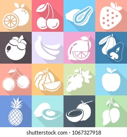 flat icons for fruits,lemon,mangosteen,mango,papaya,watermelon,orange,strawberry,rambutan,avocado,cherry,pineapple,rose apple,apple,banana,grape,coconut,vector illustrations