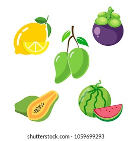 flat icons for fruits,lemon,mangosteen,mango,papaya,watermelon,vector illustrations