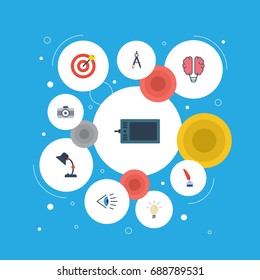 Flat Icons Gadget, Concept, Arrow And Other Vector Elements. Set Of Creative Flat Icons Symbols Also Includes Brain, Dividers, Tablet Objects.