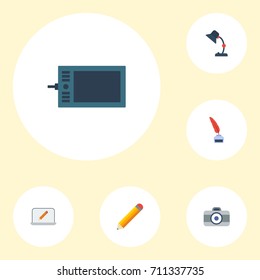 Flat Icons Gadget, Illuminator, Pen And Other Vector Elements. Set Of Original Flat Icons Symbols Also Includes Draw, Tablet, Inkwell Objects.